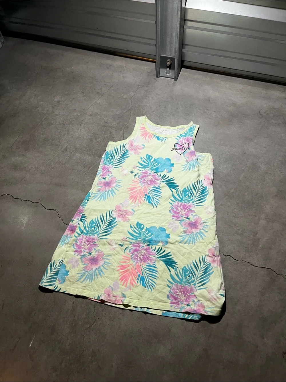Justice Light Yellow Tropical Floral Tank Dress with Teal & Pink Accents